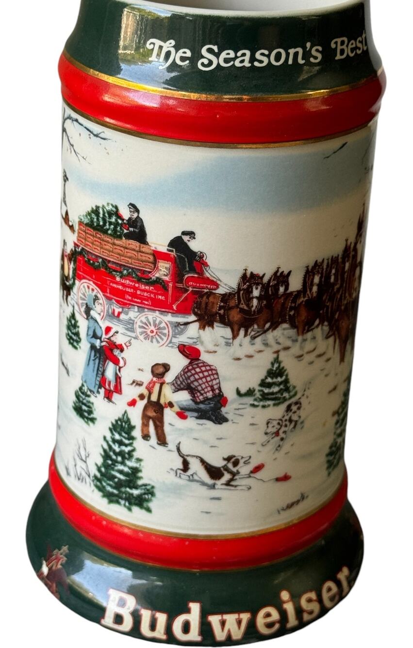 Budweiser 1991 Beer Holiday Stein No Handle Clydesdales Christmas Collectible